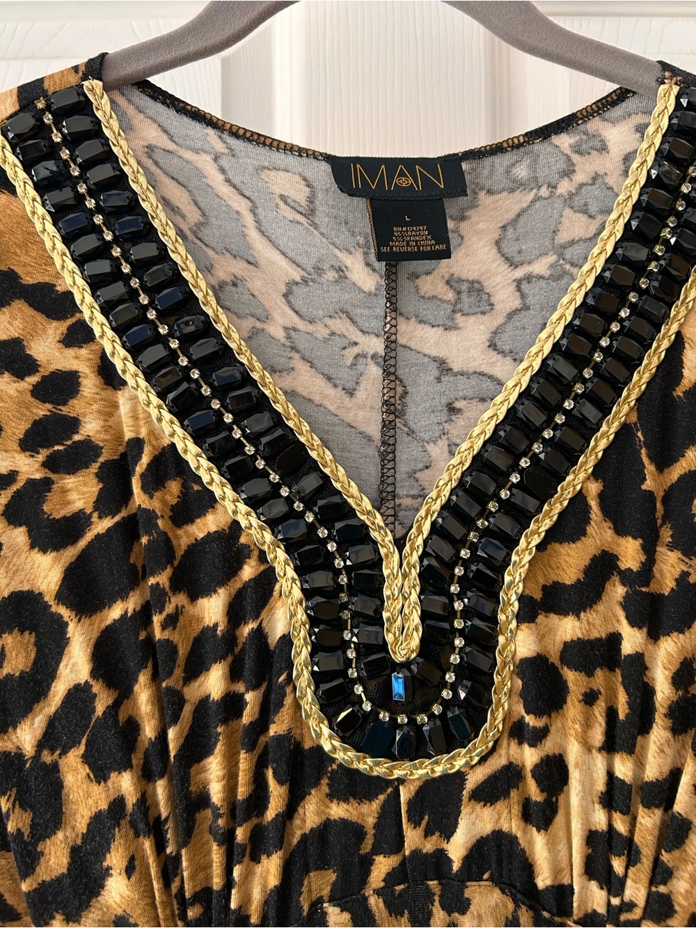 IMAN Animal Print Maxi Dress with Gold & Black Jeweled Trim Neckline